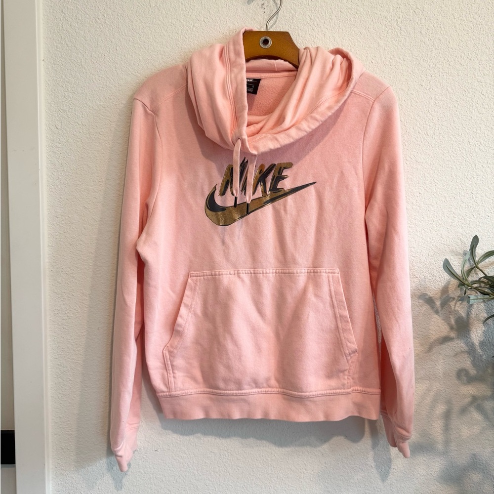 Nike Women's Soft Pink Hoodie with Gold Logo